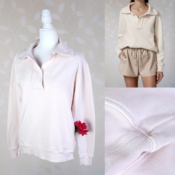 A.L.C. Connor Retro Preppy Open Collar Cotton Sweatshirt w/ Pockets Pale Pink - Picture 1 of 14